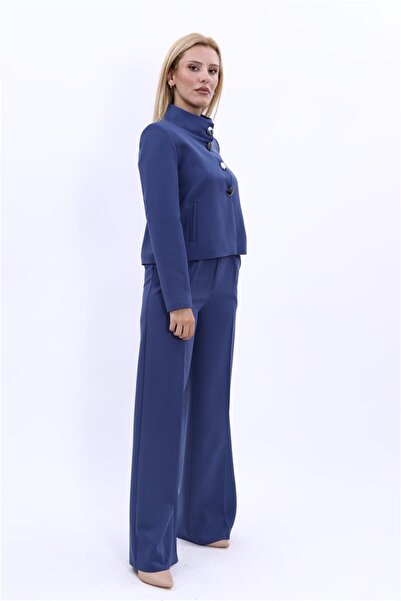 ÖNDER ÖZSOY Boydan Düğmeli Mini Ceket & Yüksek Bel Pileli Bol Paça Pantolon Takım-İndigo