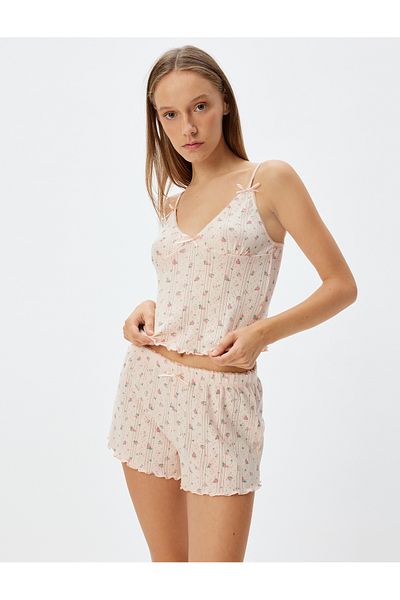 Koton Top de pijama crop din bumbac - imprimeu floral și detaliu fundă