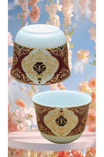 SAMSA Gold Pattern Claret Red Colored Model Handleless Porcelain Mirra Coffee Pot Set for 6 People