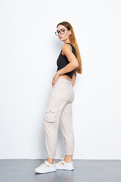 Oyga Жіночі штани-джоггери з еластичною талією, кишенями та штанинами з гумкою, з габардину