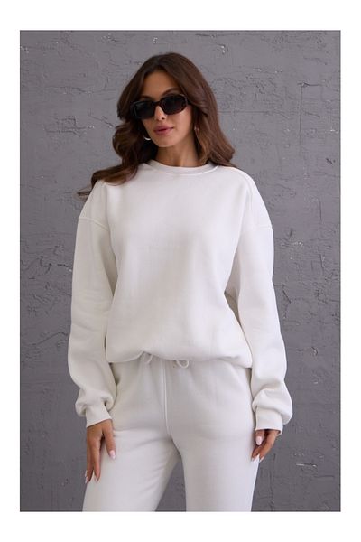 Elif Özbey Butik White Crew Neck Three Thread Raised Sweat