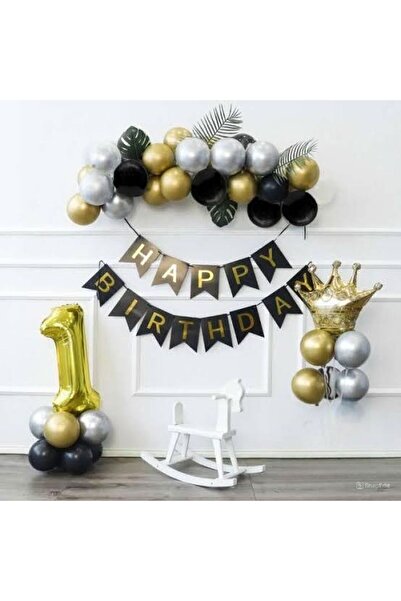 DÜVENCİ TİCARET مجموعة سلسلة بالونات تاج الملك باللون الأسود والفضي