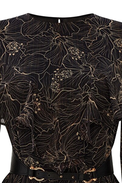 Exquise Simli Şifon Desenli Kemerli Regular Midi Elbise