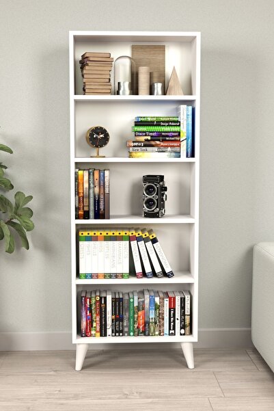 MONTENERO Açık Kitaplık Sade Beyaz 5 Raflı Minimalist Çalışma Ofis Odası 60x1...