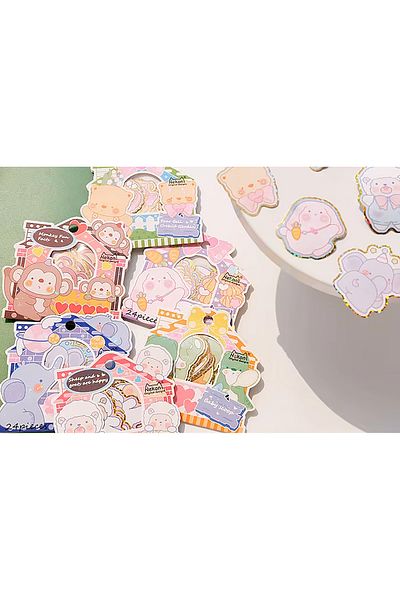 GUGUK Cute Green Teddy Bear Themed 24 Pieces Sticker Set • Bullet Journal (Ggk-Zt005)