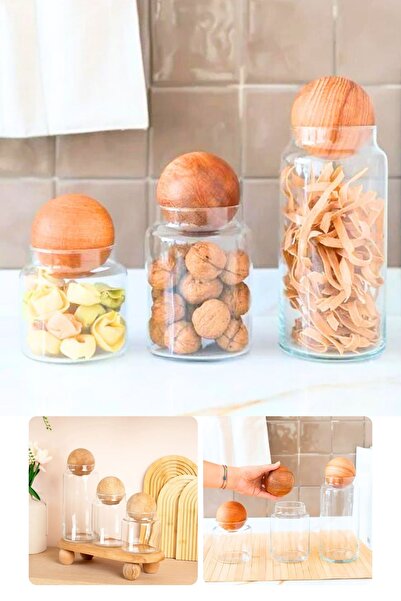 Meturas طقم برطمانات زجاجية مكونة من 3 قطع - غطاء كروي خشبي، وعاء سكر، وعاء ل...