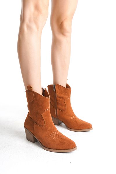 SEEM & BE Elvira Suede Embroidered Cowboy Tan Γυναικείες Μπότες - Western