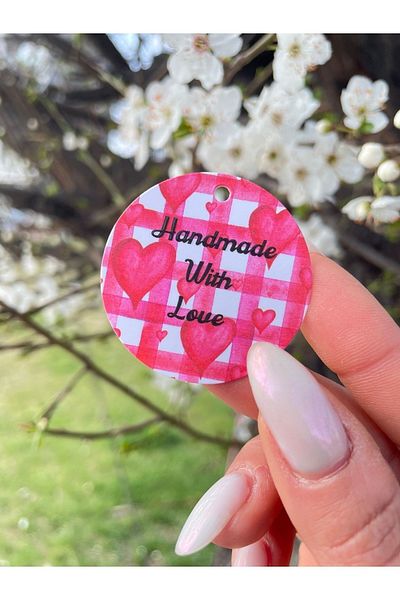 Hayal.kirtasiyesi Heart Series Plaid Perforated Sticker "Handmade with Love" 20 Pieces 4 cm Round Sticker