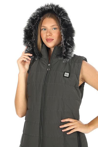 Dabenti women style Women's Gray Sleeveless Hooded Zippered Quilted Long Nova Vest