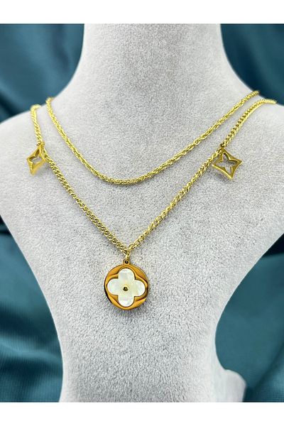 Lavienta Gold Double Mother of Pearl Vintage Steel Necklace