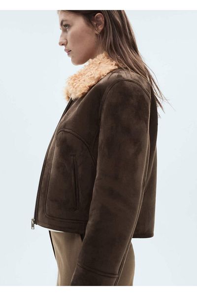 MANGO Woman Jacke mit Pelzkragen in Wildlederoptik