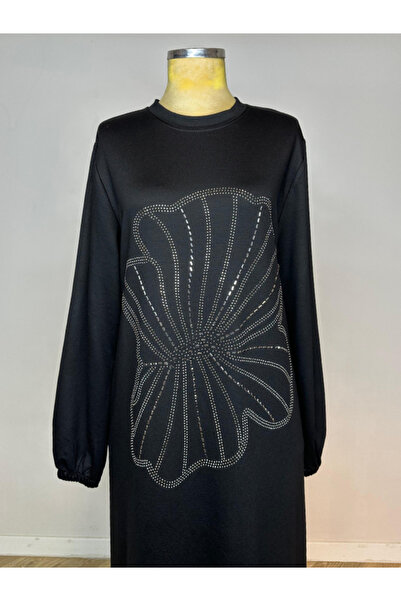 AKGÜN MODA Çiçek Taş Detaylı Penye Elbise