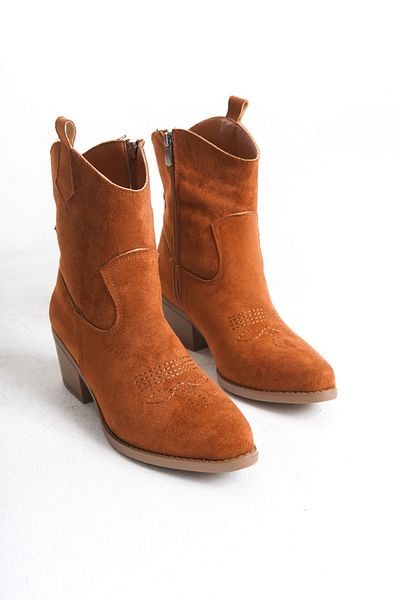 SEEM & BE Elvira Suede Embroidered Cowboy Tan Γυναικείες Μπότες - Western