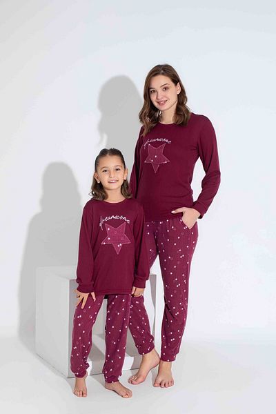 Mina Style Mother and Girl Thermal Claret Red Star Embroidered Winter Pajamas Set