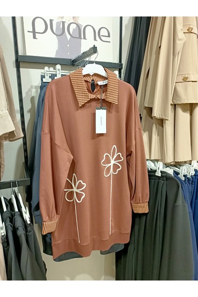 Puane Gömlek Yaka Çiçek Nakış İşlemeli Tunik 10590