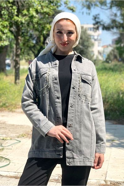 Moda Rosa 25K5214-1 - أنثراسايت - سترة جينز بشرابة حجرية