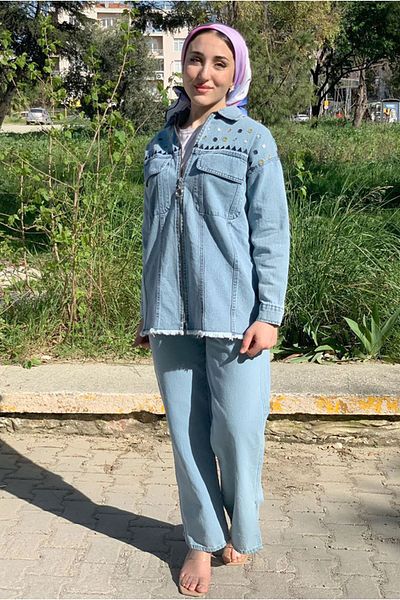 Moda Rosa 25K5271 - Light Blue - Embroidered Zippered Jeans Jacket