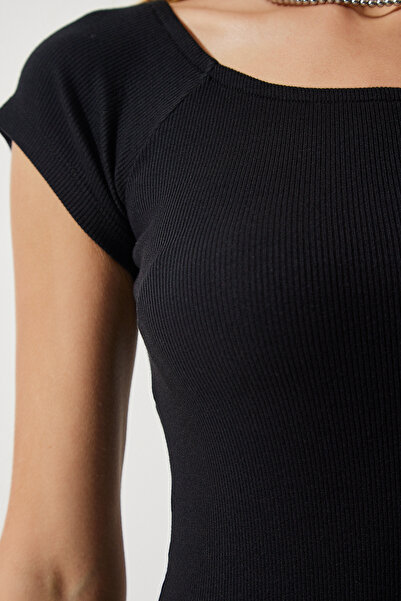 Lovelyİstanbul Плетена рокля с кръгло деколте и оребрена яка, черна, LUB0049