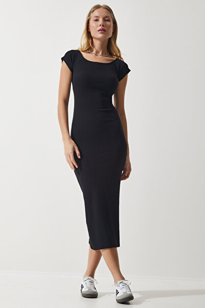 Lovelyİstanbul Плетена рокля с кръгло деколте и оребрена яка, черна, LUB0049