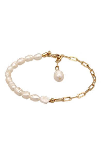 ELLI Vergoldet Barock-Armband aus 925er-Sterlingsilber – Sußwasserzuchtperle Weiß Gliederkette
