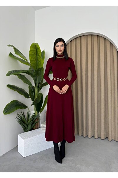 Afiş Butik Bordo Balıkçı Yaka Uzun Kollu Elbise