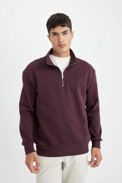 DeFacto Dunkles Burgunderrotes, bequemes, dickes Sweatshirt mit Stehkragen und Reißverschluss X7405az24au