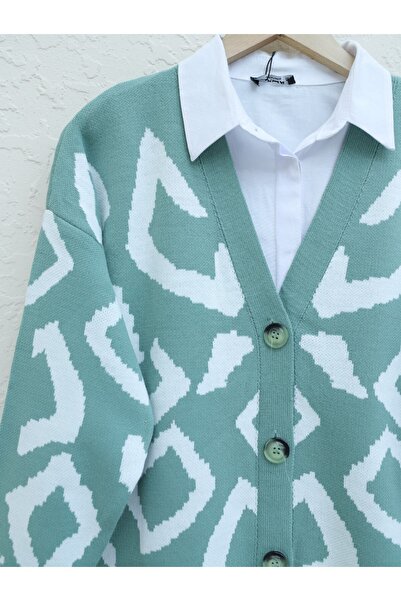 Modamorfo Buttoned Patterned V-Neck Sweater Cardigan -Mint