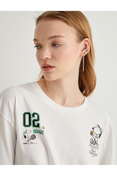 Koton Μπλουζάκι Snoopy Crop - με θέμα το τένις, με άδεια χρήσης, λαιμόκοψη, κοντό μανίκι