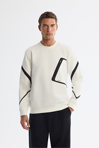Avva Erkek Ekru Bisiklet Yaka Pamuklu Baskılı Regular Fit Sweatshirt A42Y1317