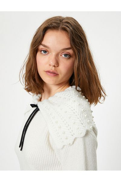 Koton Pearl Embroidered Sweater - Bow Detailed Shawl Collar