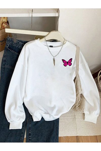 aynewmoda μαύρο φούτερ με κουκούλα μεγάλου μεγέθους - ροζ κουκούλα με στάμπα πεταλούδας