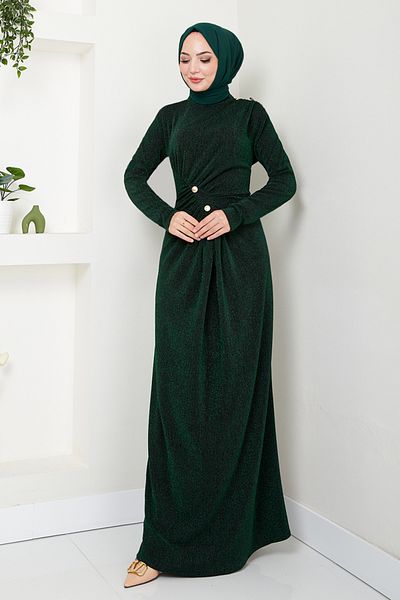ModaMerve Βραδινό φόρεμα Emerald Glitter με κουμπιά - 3010BSS1025-M