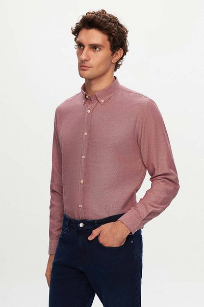 D'S Damat Πουκάμισο Claret Red Cotton Slim Fit - Dobby γιακάς και λεπτομέρεια με κουμπί