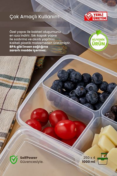 Bonjour 3 Pieces 4 Compartments 1000ml Vegetable Chicken Meat Container Refrigerator Organizer Storage Box