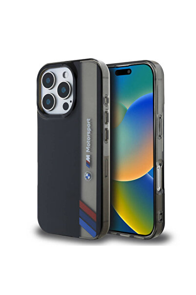 BMW iPhone 16 Pro Uyumlu Kılıf BMW Lisanslı M Logolu Üç Renk Çizgili Motorsport Vertical Stripe Siyah