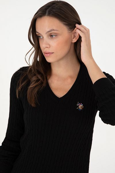 U.S. Polo Assn. Pulover de bază negru cu decolteu în V pentru femei 50288992-VR046