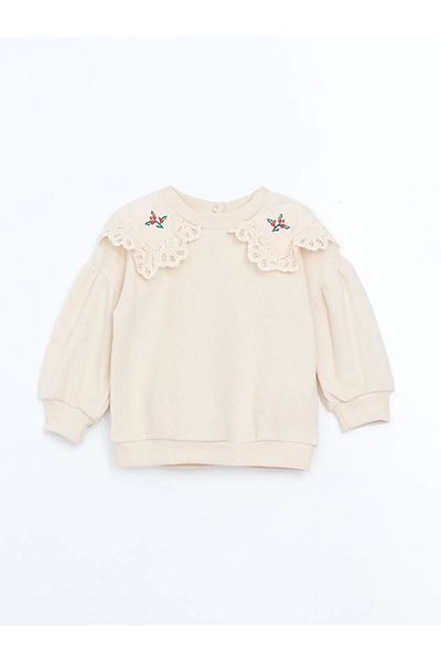 LC Waikiki Lcw Baby Light Beige Baby Collar Long Sleeve Embroidered Baby Girl Sweatshirt and Leggings 2-Piece Set