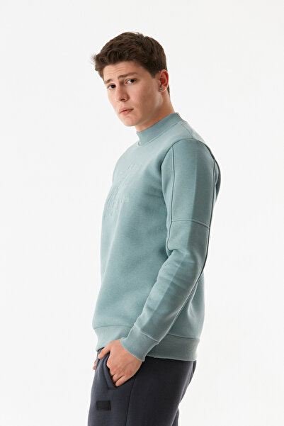 Fulla Moda Text Embroidered Stand Collar Sweatshirt