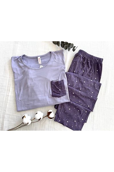 Pijamoni Lilac Crew Neck Lycra Long Sleeve Pajama Set - Pijamoni