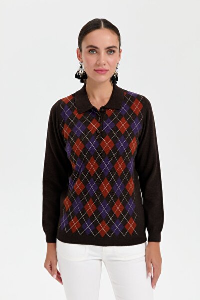 Desen Triko Polo Collar Checkered Women's Wool Sweater - Dark Brown