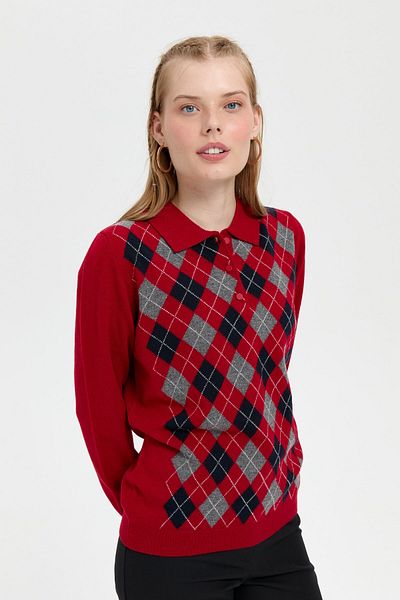 Desen Triko Polo Collar Red Wool Sweater - Baklaval, Women's, Knitted