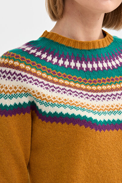 Desen Triko Kadın Sıfır Yaka Jakarlı Yün Kazak Hardal