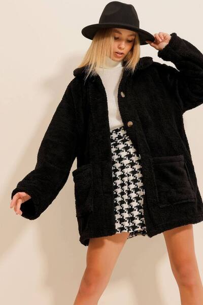 memetti m şekil Дамско меко плюшено палто с голям размер, закопчано отвътре и отвън