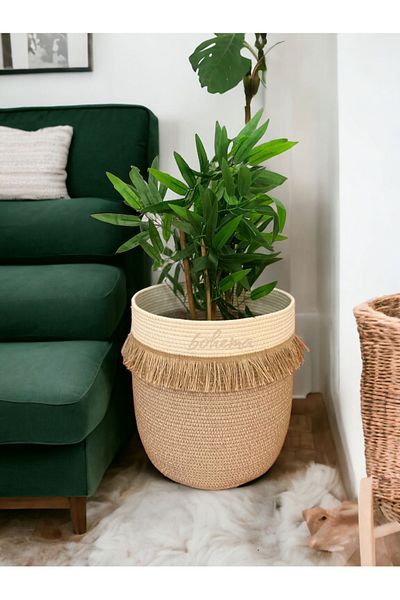 Bohemahomedecor منظم ديكور لسلة الزهور المصنوعة من القطن الخوص
