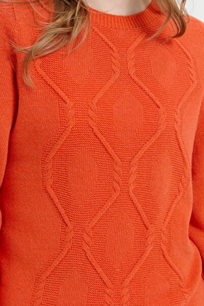 Desen Triko Zero Collar and Seamless Baklava Knit Orange - Women's Wool Sweater