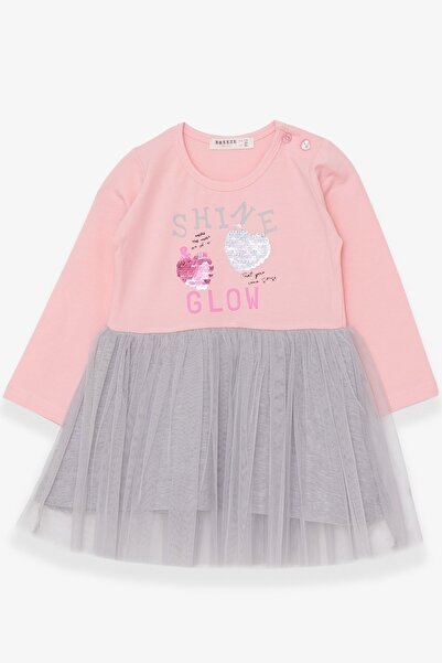 Breeze Kız Çocuk Uzun Kollu Elbise Pullu Yazı Baskılı 1.5-5 Yaş, Pudra