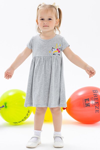 Breeze Kız Çocuk Elbise Nakışlı Unicorn 1.5-5 Yaş, Gri Melanj
