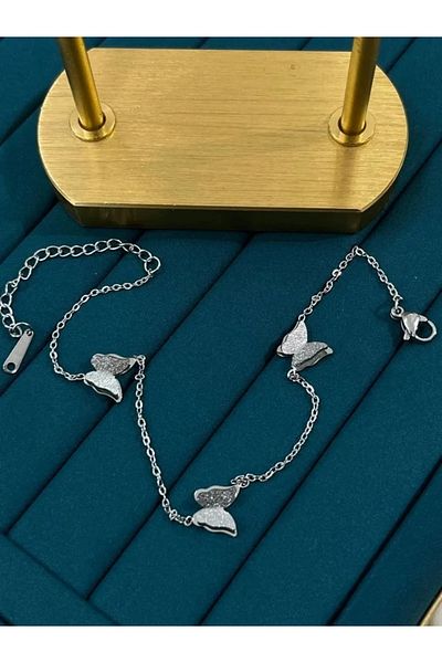 YASİN TOPÇU Steel Silver Butterfly Figured Elegant Anklet