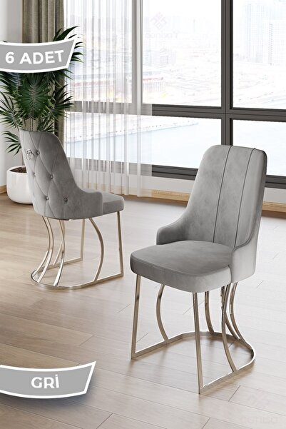 Canisa Puva Serisi 6 Adet Gri Sandalye 1.sınıf Babyface Ithal Kumaş Krom Meta...