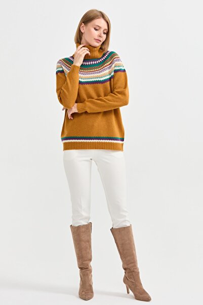 Desen Triko Women's Full Turtleneck Wool Sweater Mustard